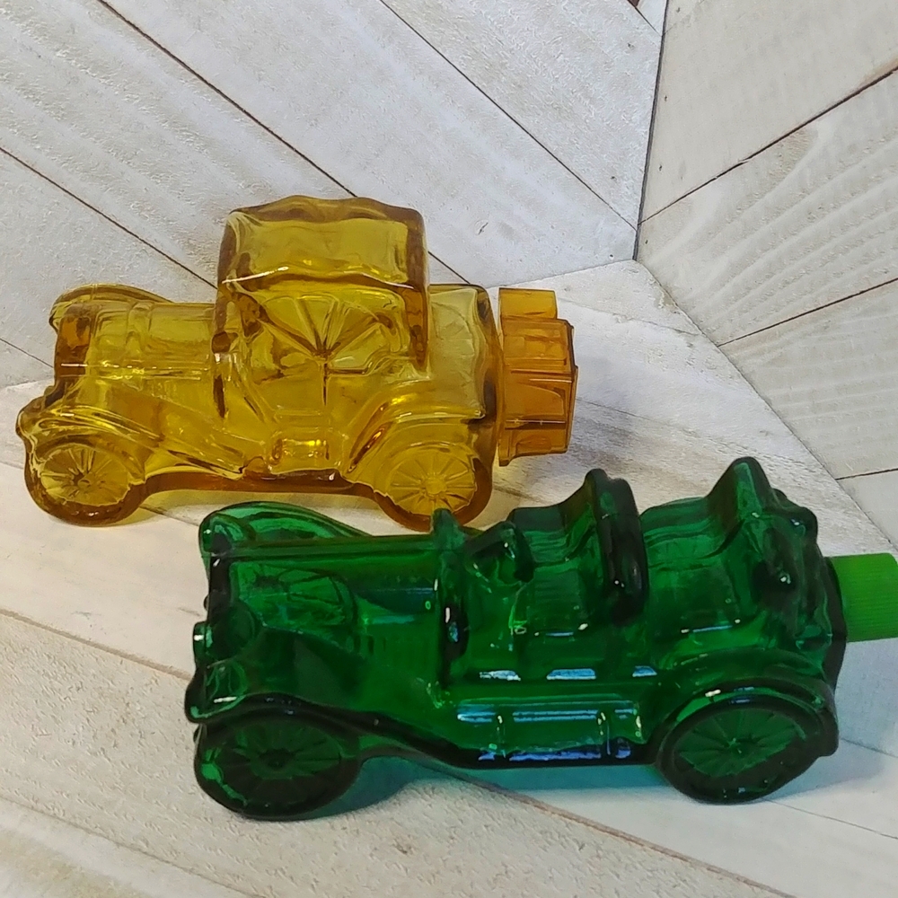 Vintage AVON 2 Car Cologne Bottles Empty Green and Amber Glass